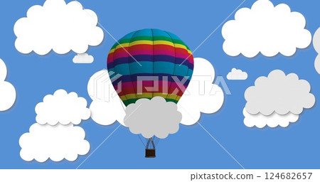 Hot air balloon with rainbow stripes floating among clouds image 124682657