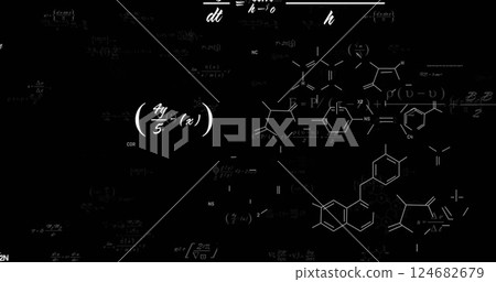 Chemical formulas and molecular structures image over black background Chemical formulas and molecular structures image over black background 124682679