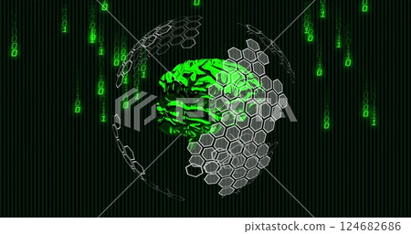 Green brain and hexagonal patterns with binary code image on dark background Green brain and hexagonal patterns with binary code image on dark background 124682686