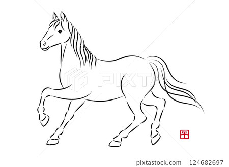 一匹美麗的白馬行走的插圖。採用水墨畫風格的時尚馬年新年賀卡材質。向量 124682697