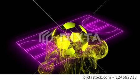 Image of glowing neon soccer ball floating above digital court in futuristic design Image of glowing neon soccer ball floating above digital court in futuristic design 124682718