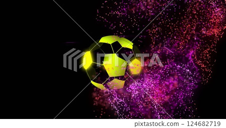 Image of glowing soccer ball surrounded by vibrant purple and pink particles in motion Image of glowing soccer ball surrounded by vibrant purple and pink particles in motion 124682719