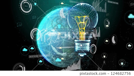 Image of digital innovation concept with glowing light bulb and global network connections Image of digital innovation concept with glowing light bulb and global network connections 124682756