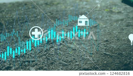 Financial data and healthcare image over soil background with house icon 124682816