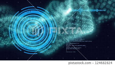 Futuristic digital interface with rotating circles and code image over grid background Futuristic digital interface with rotating circles and code image over grid background 124682824