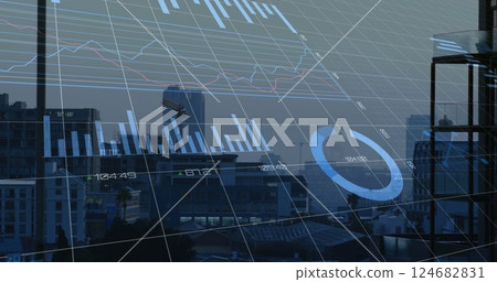 Financial data charts and graphs image over cityscape 124682831