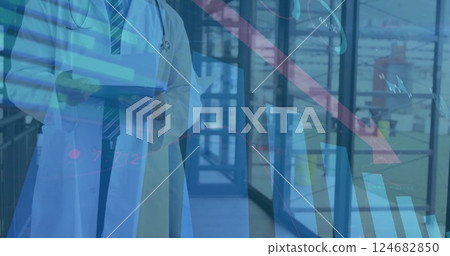 Doctor holding clipboard, medical data analysis image over hospital corridor 124682850