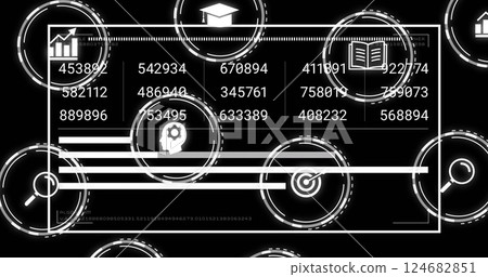 Data processing and analytics image over various icons and numerical data 124682851