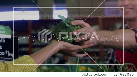 Analyzing nutritional data image over person selecting vegetables in grocery store 124682856