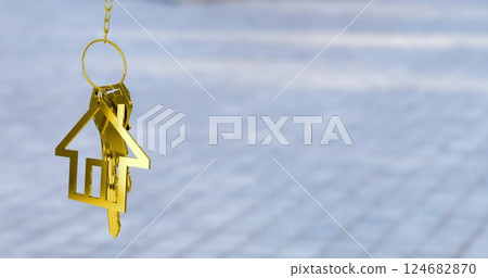 Golden house-shaped keychain image over blurred background 124682870