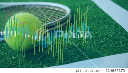 Tennis racket and ball on grass court with data analysis image 124682873
