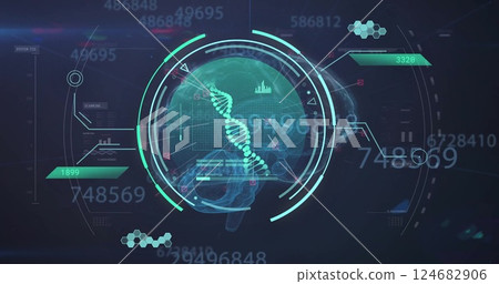 Image of dna and scanner over network and processing data 124682906