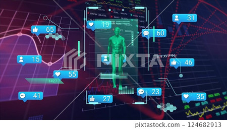 Image of social media notifications over walking figure on interface and processing data Image of social media notifications over walking figure on interface and processing data 124682913