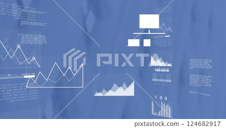 Image of media icons and charts processing data on blue background Image of media icons and charts processing data on blue background 124682917