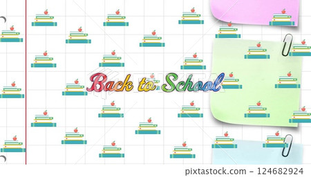 Image of back to school text, schoolbooks and pencils over memo notes on squared notebook Image of back to school text, schoolbooks and pencils over memo notes on squared notebook 124682924