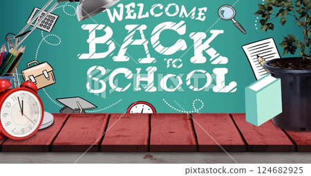 Image of falling books over welcome back to school text on green chalkboard background 124682925