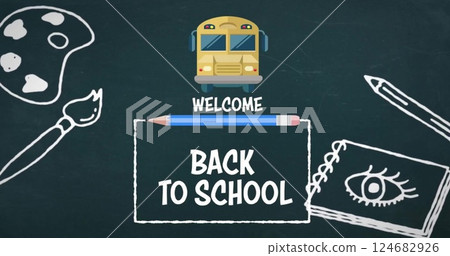 Image of welcome back to school text, yellow school bus and school equipment on black chalkboard 124682926