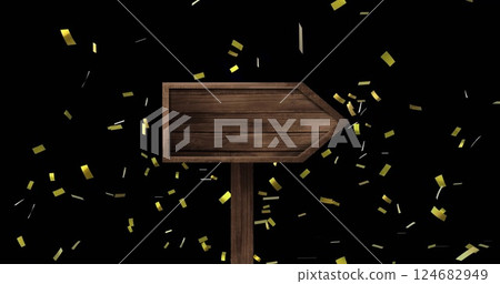 Image of gold confetti over black wooden signpost on black background Image of gold confetti over black wooden signpost on black background 124682949