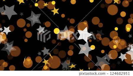 Image of gold and white stars, yellow and orange light spots on black background Image of gold and white stars, yellow and orange light spots on black background 124682951