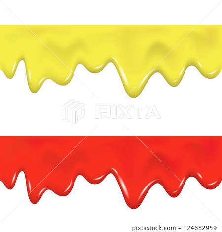 Realistic red, yellow drip cream drops, marmalade, jelly, slime. Realistic red, yellow drip cream drops, marmalade, jelly, slime. 124682959