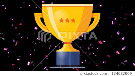 Image of gold trophy and falling confetti on black background 124682969