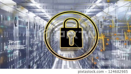 Image of padlock icon and data processing over computer servers 124682985