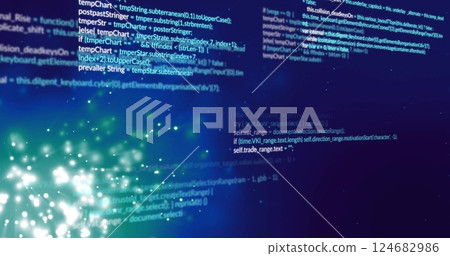 Image of data processing and light spots on blue background 124682986