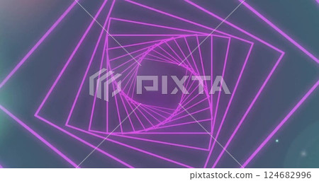 Image of pink square spiral and coloured lights moving on dark background 124682996