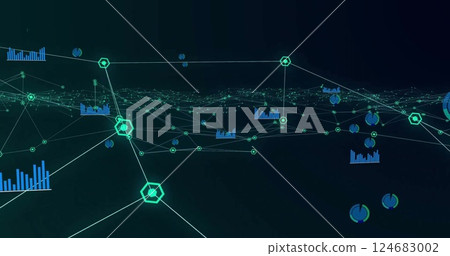 Image of communication network and charts processing data on black background Image of communication network and charts processing data on black background 124683002