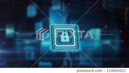 Image of padlock icon and motherboard network over data processing on dark background 124683021