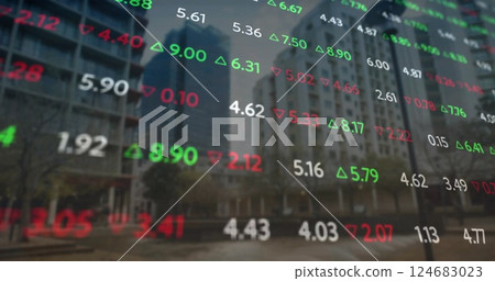 Image of financial data processing over city buildings 124683023