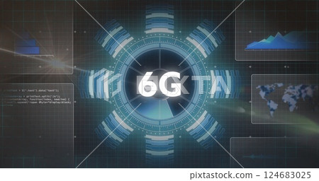 Image of 6g text over scanner and charts processing data on dark background 124683025
