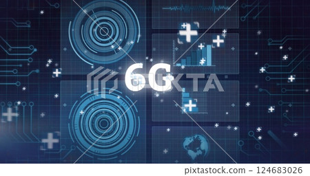 Image of 6g text and light over scanners, network and data processing on dark background 124683026