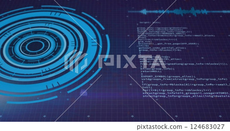 Image of blue circular scanner and processing data on dark background 124683027