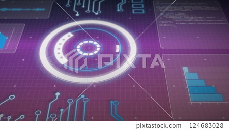 Image of circular scanner, light and charts processing data on dark purple background Image of circular scanner, light and charts processing data on dark purple background 124683028