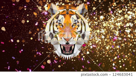 Image of confetti and light spots over tiger on black background Image of confetti and light spots over tiger on black background 124683041