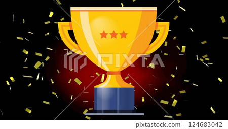 Image of confetti over golden cup on black background 124683042