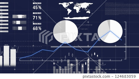 Image of statistics and digital data processing over dark background 124683059