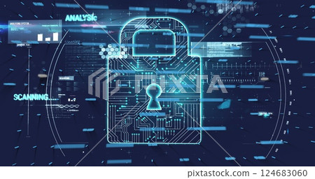 Image of padlock and digital data processing over dark background 124683060