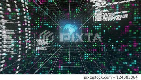 Image of data processing over colourful light spots on black background 124683064