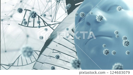 Image of virus cells and dna strand over digital human Image of virus cells and dna strand over digital human 124683079