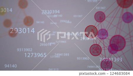 Image of network of connections with icons and data processing over white background Image of network of connections with icons and data processing over white background 124683084