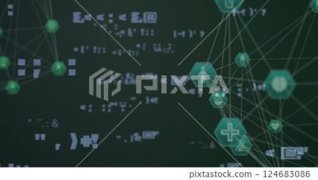 Image of network of connections with icons and data processing over black background Image of network of connections with icons and data processing over black background 124683086