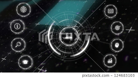 Image of network of connections over digital icons on black background 124683103