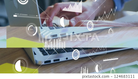 Image of data processing over caucasian businessman using laptop in office 124683111