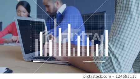 Image of data processing over diverse colleagues working in office 124683113