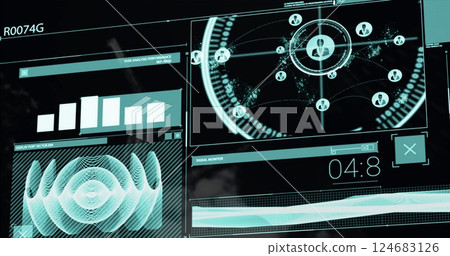 Image of data processing over scope scanning on black background Image of data processing over scope scanning on black background 124683126