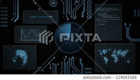 Image of scope, circuit board and data processing over screens on black background 124683166