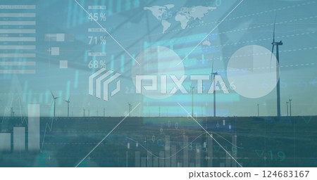 Image of financial data processing over wind turbines Image of financial data processing over wind turbines 124683167