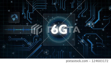 Image of 6g text, circuit board and data processing over black background 124683172